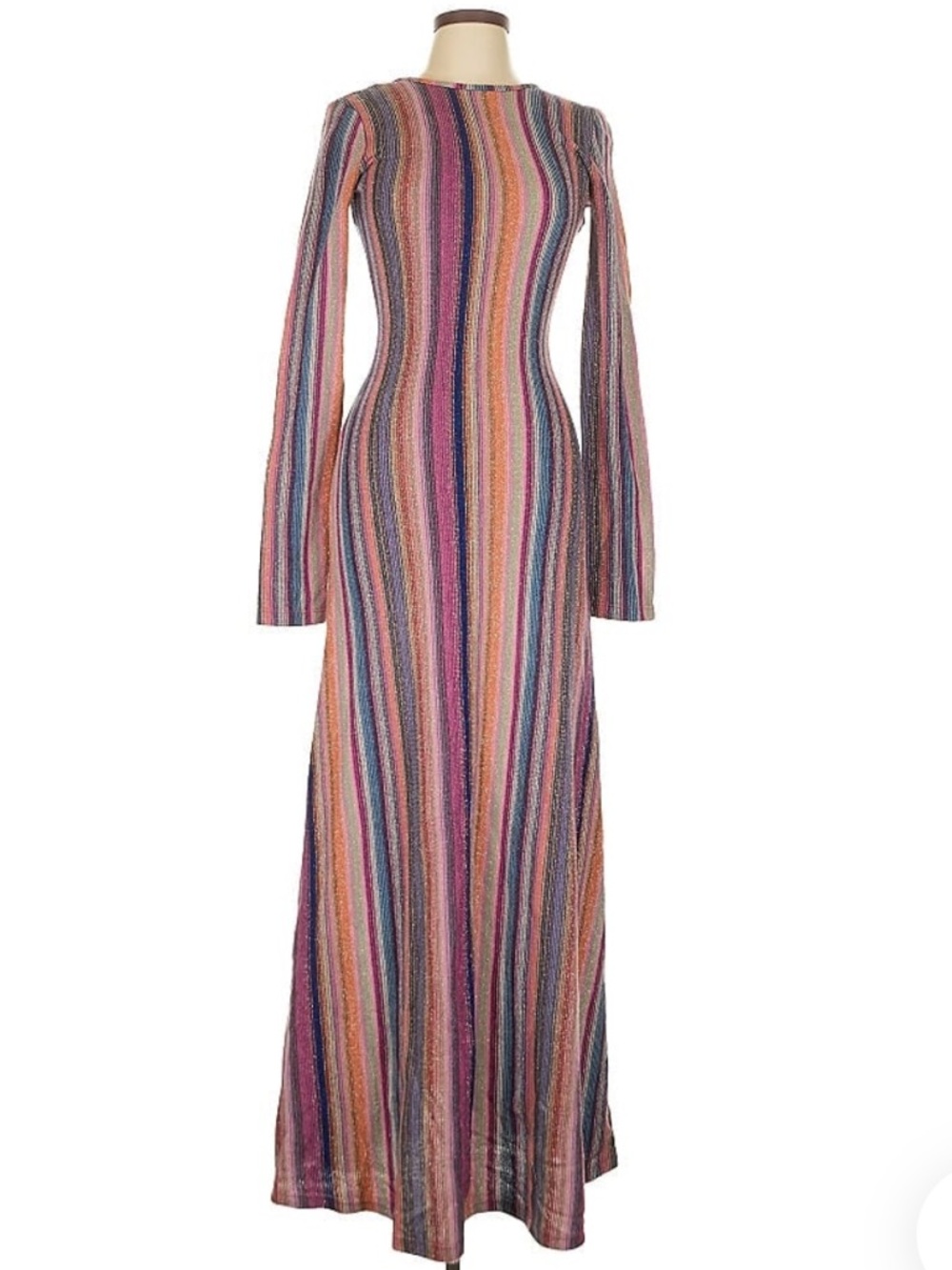Something Navy Striped Long-Sleeve Maxi Dress in Pink, Blue and Orange Tones